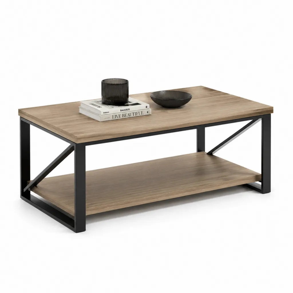 Tavolino da caffe rettangolare 100 x 60 x 45 cm in MDF effetto rovere e acciaio nero con ripiano inferiore