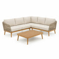 Set divano da giardino angolare 6 posti con tavolino in legno massello di acacia corda in polipropilene beige 260 x 260 cm