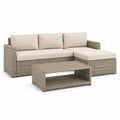 Set divano da giardino angolare con tavolino in rattan PE grigio tortora e cuscini beige 200 x 140 x 65 cm