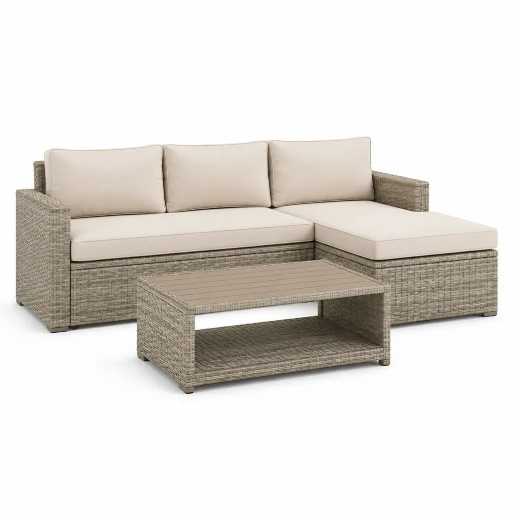 Set divano da giardino angolare con tavolino in rattan PE grigio tortora e cuscini beige 200 x 140 x 65 cm