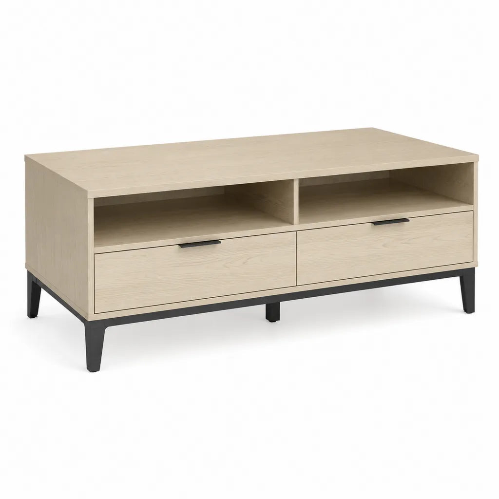 Tavolino da caffe rettangolare con 2 cassetti e 2 vani in pannello truciolare effetto rovere chiaro 120 x 60 x 45 cm