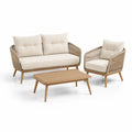 Set salotto da giardino 3 pezzi in legno massello di acacia e corda intrecciata beige con tavolino rettangolare divano 2 posti 130 x 72 x 78 cm poltrona 68 x 72 x 78 cm tavolino 100 x 60 x 42 cm