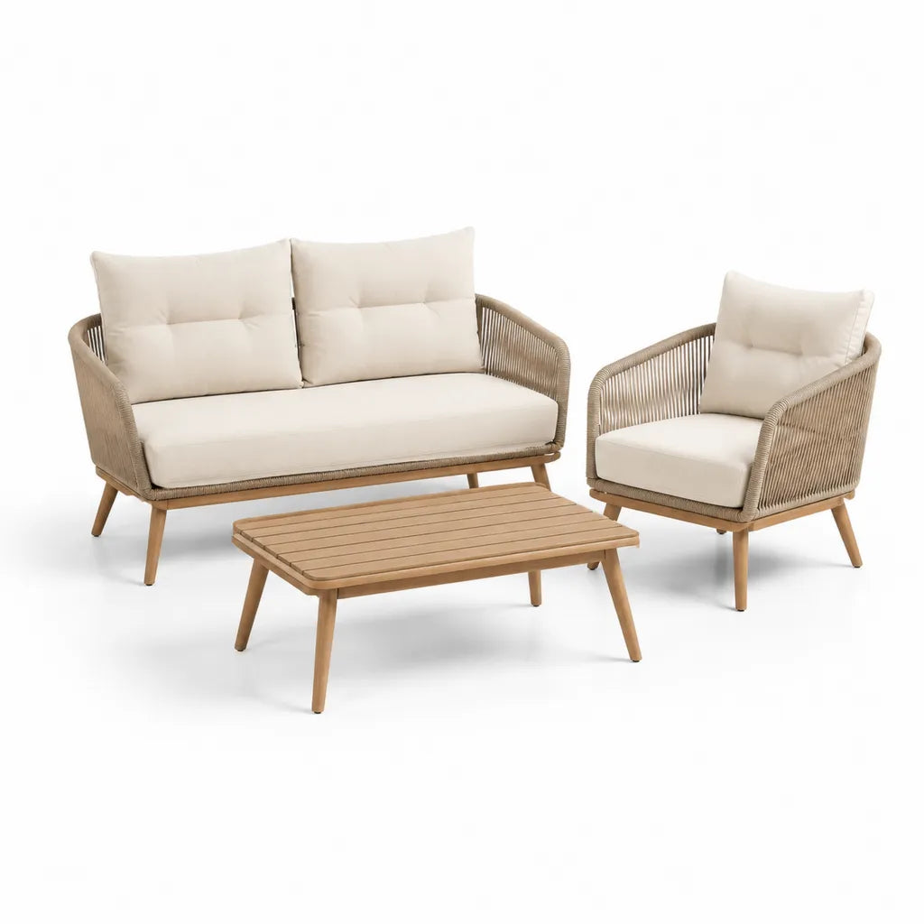 Set salotto da giardino 3 pezzi in legno massello di acacia e corda intrecciata beige con tavolino rettangolare divano 2 posti 130 x 72 x 78 cm poltrona 68 x 72 x 78 cm tavolino 100 x 60 x 42 cm