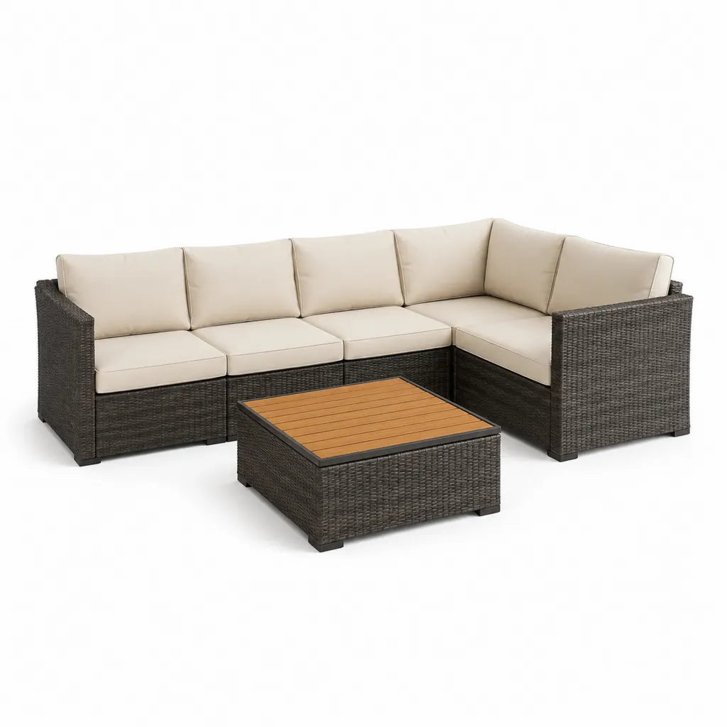 Salotto da giardino angolare 5 posti con tavolino in rattan PE marrone e cuscini beige 245 x 245 cm