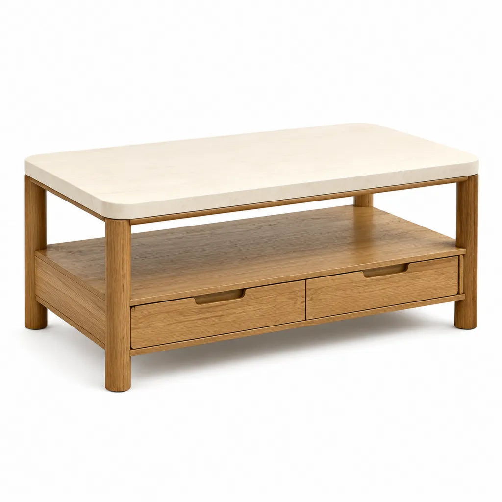 Tavolino da caffe con 2 cassetti in rovere massello e pietra sinterizzata rettangolare bianco naturale 100 x 60 x 45 cm