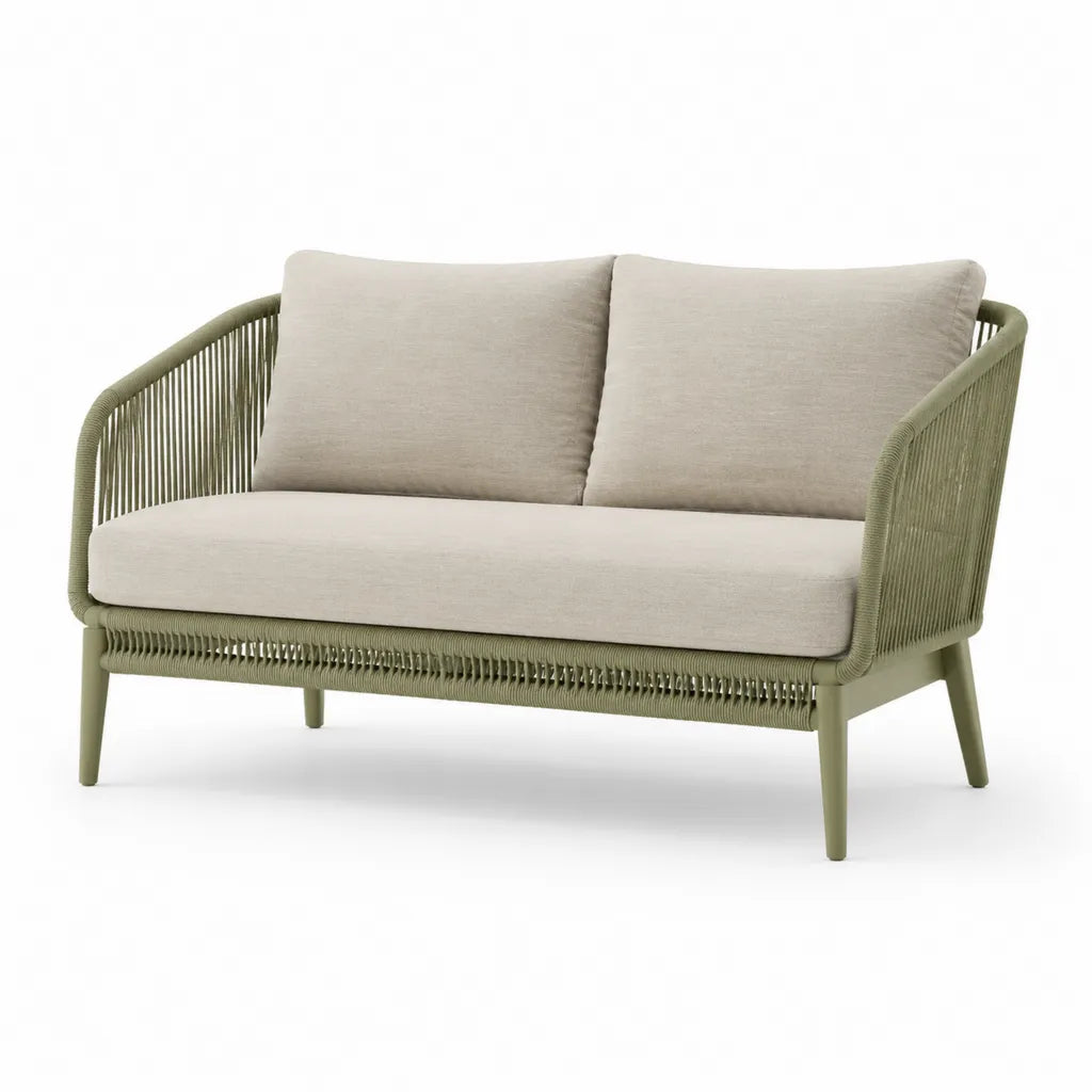 Divano da giardino 2 posti in alluminio e corda PP verde oliva con cuscini beige 145 x 75 x 78 cm