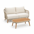 Divano da giardino 2 posti con tavolino ovale in polietilene PE beige e legno massello di acacia 140 x 75 x 78 cm e 110 x 60 x 45 cm