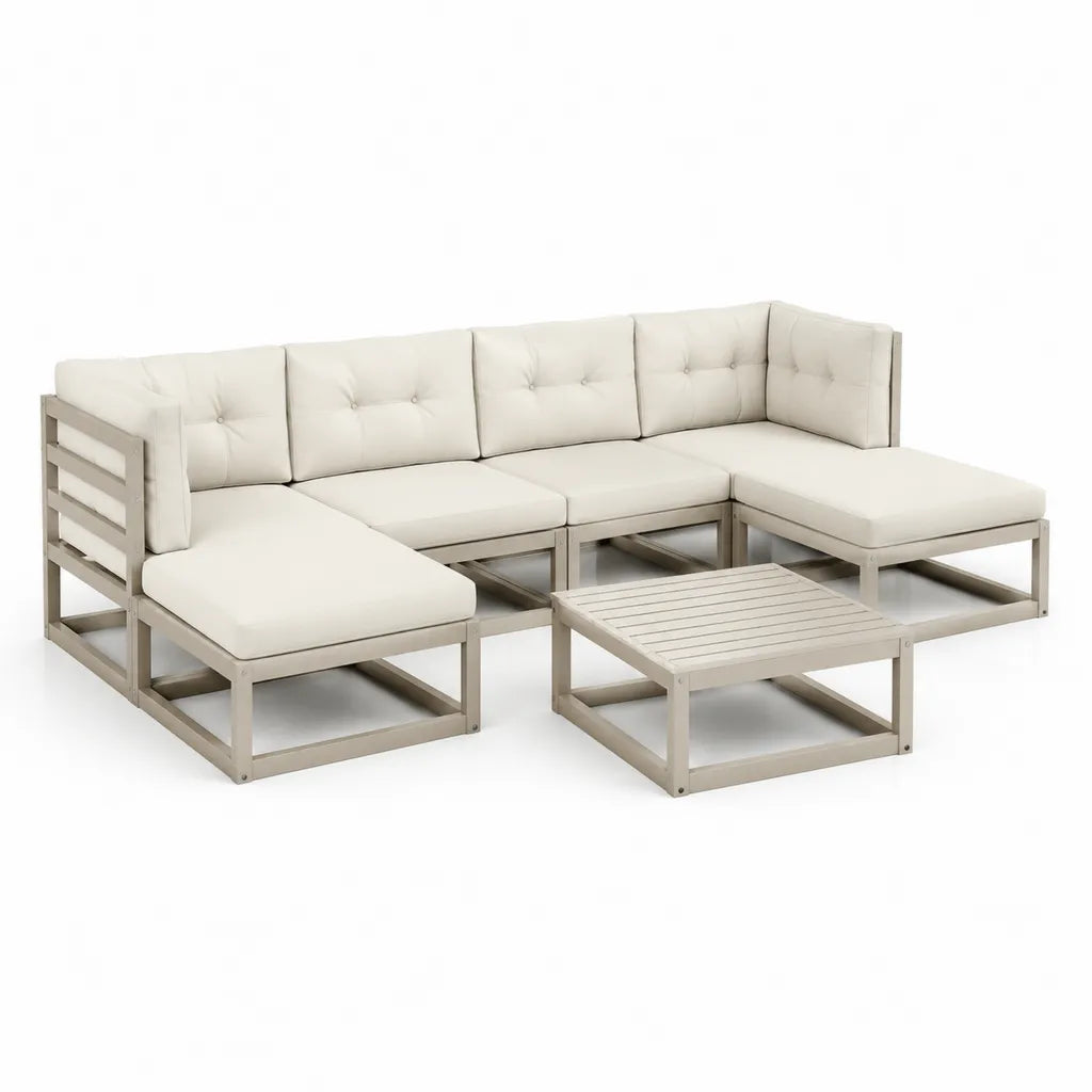 Set divano da giardino angolare 5 pezzi in legno massello di acacia grigio con cuscini crema 280 x 210 cm