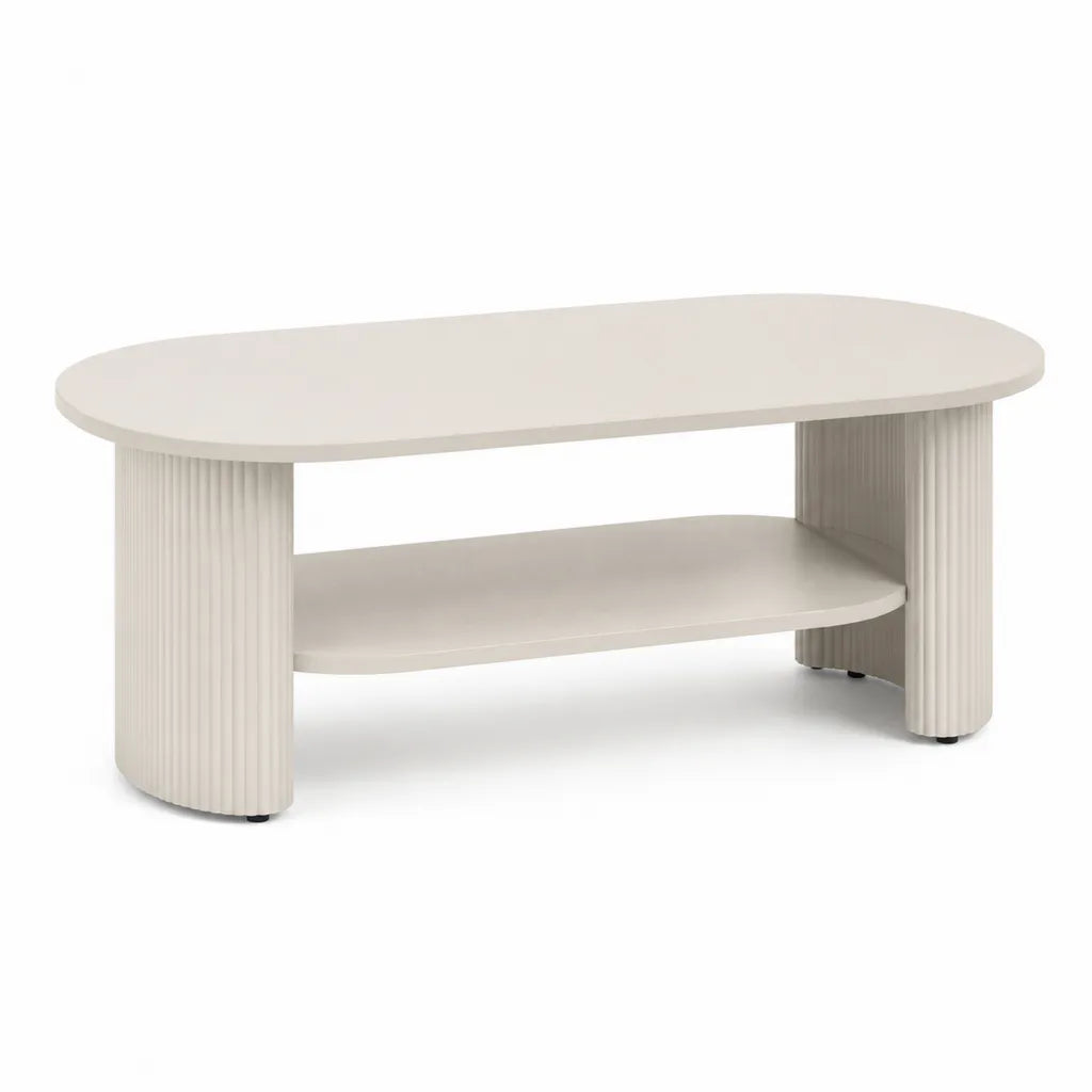 Tavolino da caffe ovale 120 x 60 x 45 cm in MDF crema con ripiano inferiore