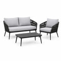 Set salotto da giardino 4 pezzi con divano 2 posti poltrone e tavolino in acciaio nero e corda PP grigio