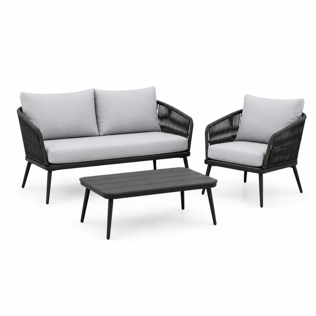 Set salotto da giardino 4 pezzi con divano 2 posti poltrone e tavolino in acciaio nero e corda PP grigio