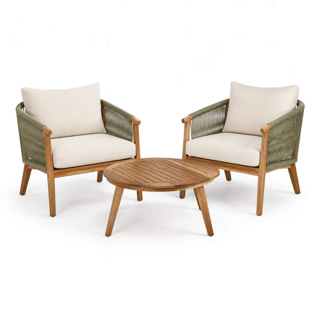 Set da giardino 2 poltrone con tavolino rotondo in legno massello di acacia e corda in polipropilene verde 80 x 42 cm