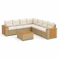 Set divani da giardino angolare 7 posti con tavolino 280 x 210 x 65 cm in polietilene e acacia beige naturale