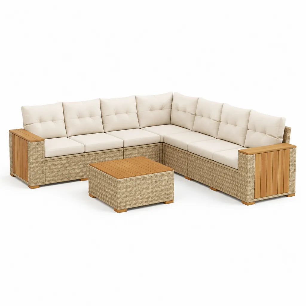 Set divani da giardino angolare 7 posti con tavolino 280 x 210 x 65 cm in polietilene e acacia beige naturale