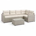 Set salotto da giardino angolare 6 pezzi in rattan PE grigio tortora con cuscini beige e tavolino 70 x 70 x 29 cm