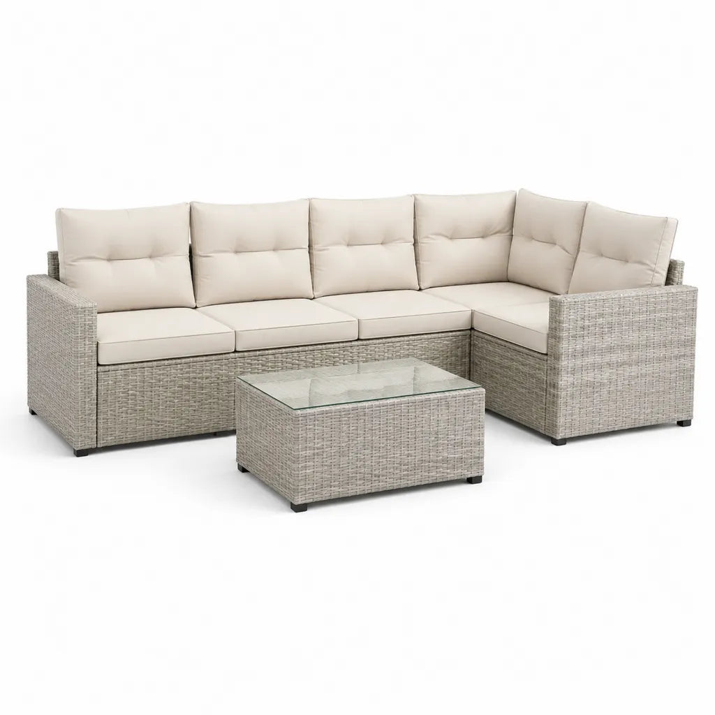 Set salotto da giardino angolare 6 pezzi in rattan PE grigio tortora con cuscini beige e tavolino 70 x 70 x 29 cm