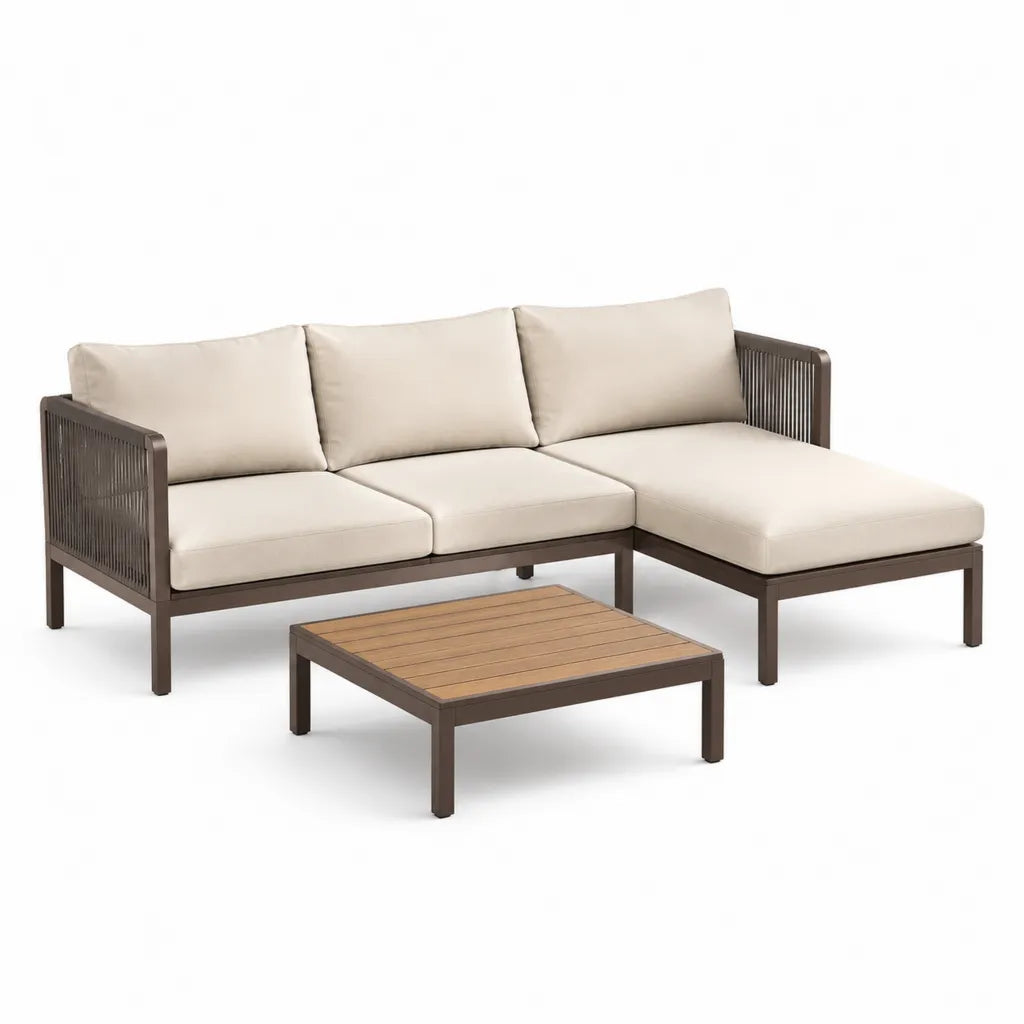 Divano da giardino angolare 3 posti con tavolino 230 x 150 cm in alluminio marrone e cuscini beige