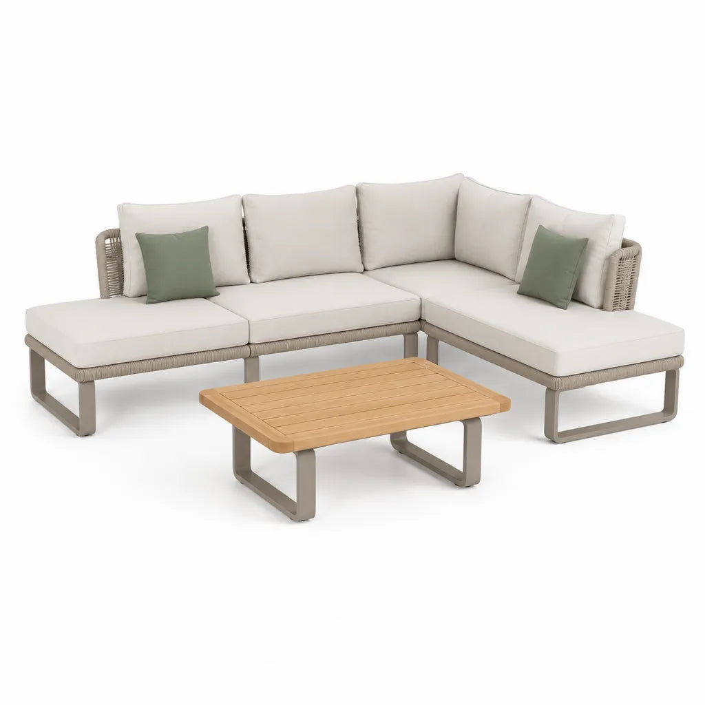 Salotto da giardino angolare 4 posti con tavolino 250 x 250 cm in alluminio e corda beige