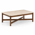 Tavolino da caffe rettangolare 120 x 60 x 45 cm in travertino e legno massello di acacia crema noce