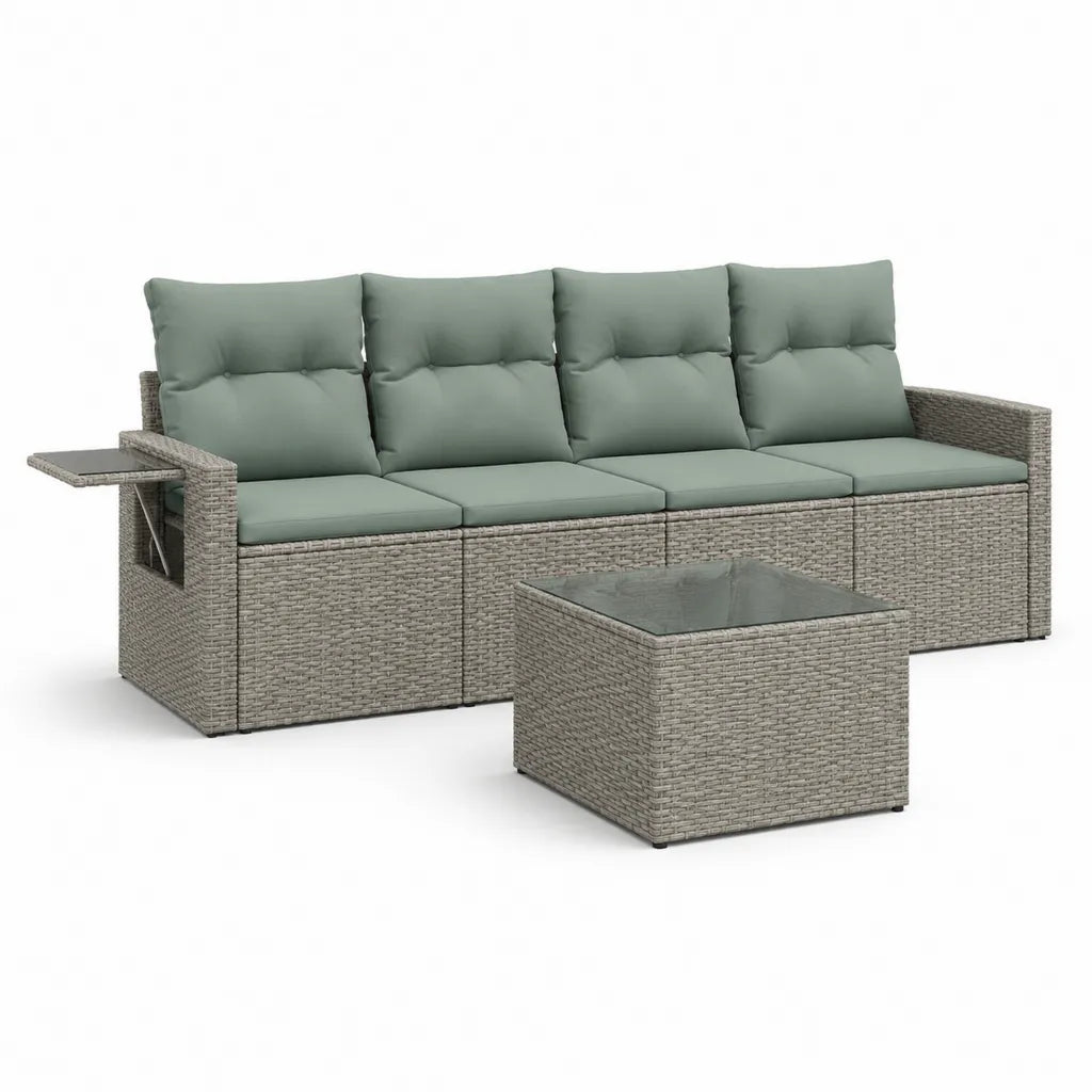 Set divano da giardino 4 posti con tavolino in polyrattan grigio e cuscini verde salvia 280 x 70 x 60 cm