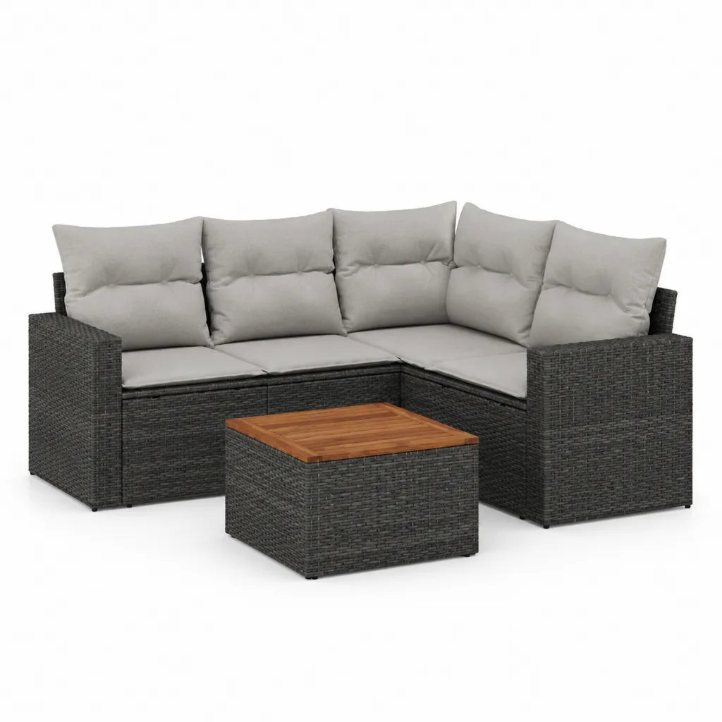 Set salotto da giardino angolare 3 pezzi in rattan PE grigio antracite con cuscini grigio chiaro e tavolino quadrato 200 x 200 cm