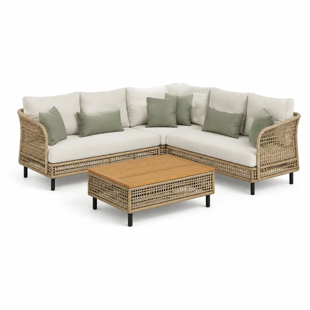 Set divano da giardino angolare con tavolino 3 pezzi in rattan sintetico PE e acacia beige avorio verde salvia divano 250 x 250 x 75 cm tavolino 120 x 70 x 40 cm